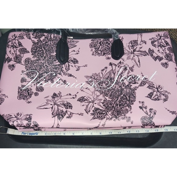 Victoria's Secret Handbags - Victoria's Secret Tote Bag,‎ Pink with Black Floral Design, 16 x 11.5 x 5